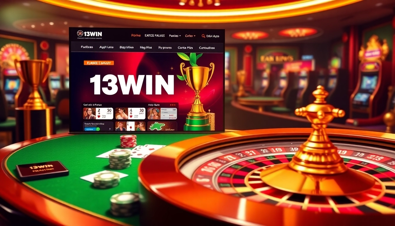 Experience high-stakes gaming at 13win, featuring casino tables and vibrant slot machines.
