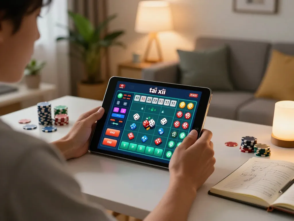 Playing tài xỉu online on a tablet in a cozy home setting with strategic notes nearby.