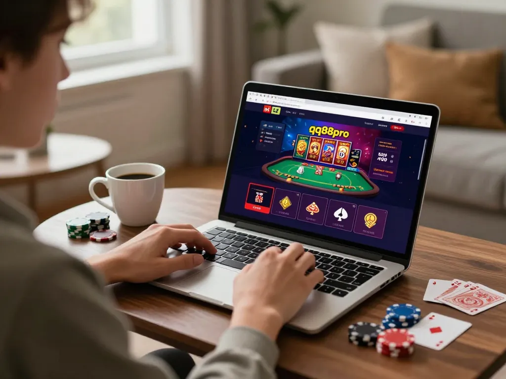 Engaging online gaming session at qq88pro with laptop, cards, and cozy home atmosphere.