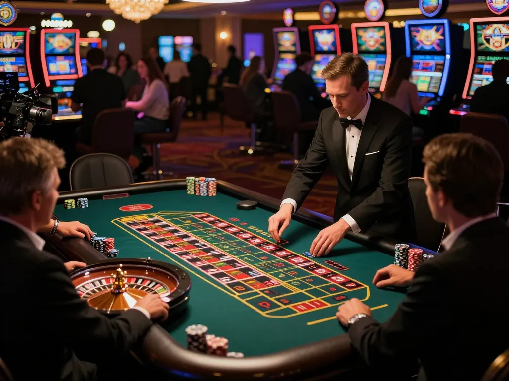 BCX88 players enthusiastically place bets in an upscale casino ambiance during a vibrant roulette game.