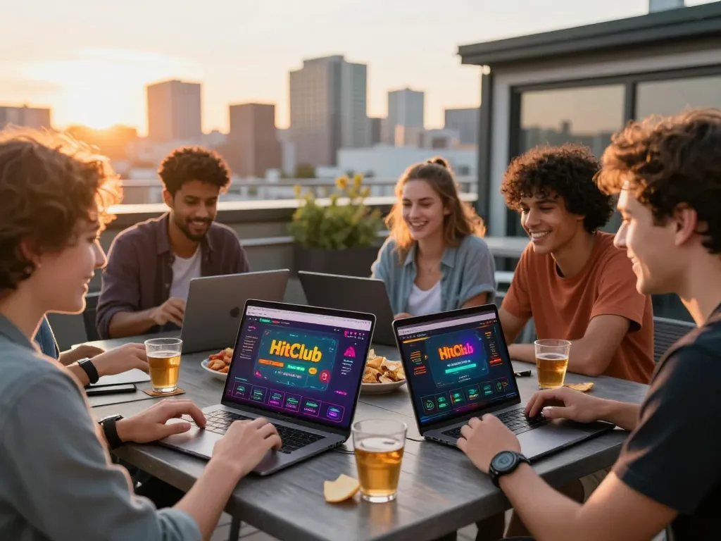 Friends enjoying online gaming at Hitclub with city skyline backdrop, showcasing camaraderie and excitement.