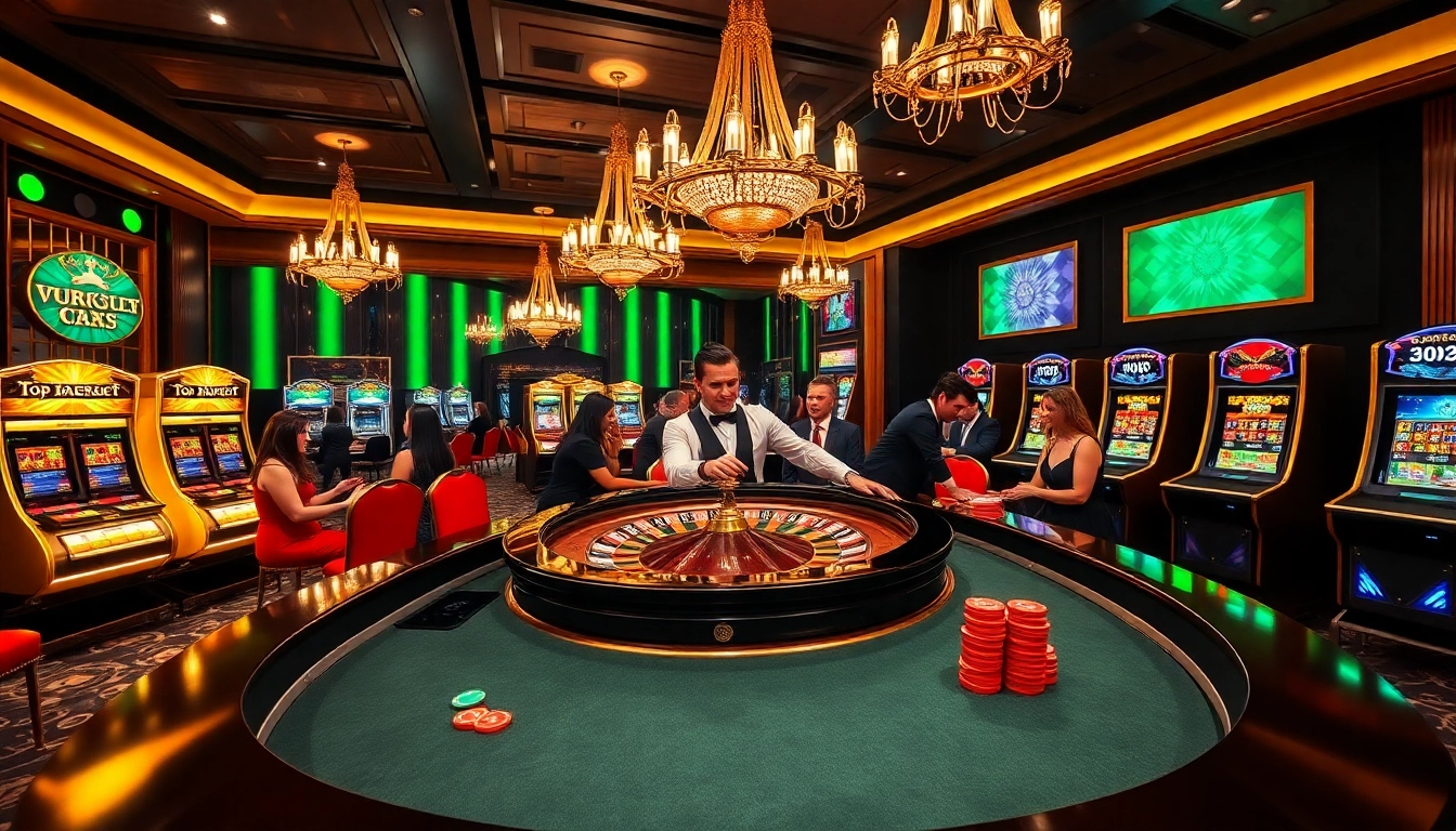 High-stakes roulette and vibrant slot machines in a luxurious casino atmosphere, highlighting uk88's thrilling gaming experience.