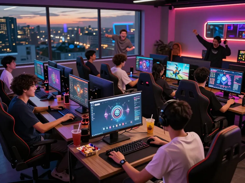 Friends enjoying the S666 gaming app in a lively gaming lounge atmosphere.