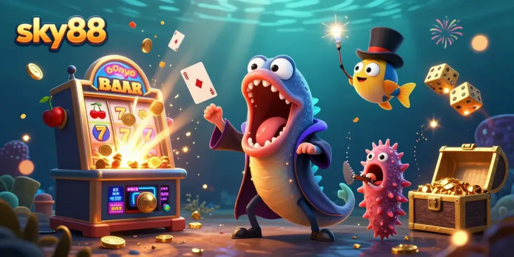 Experience the excitement of sky88 with a vibrant underwater casino magic act.