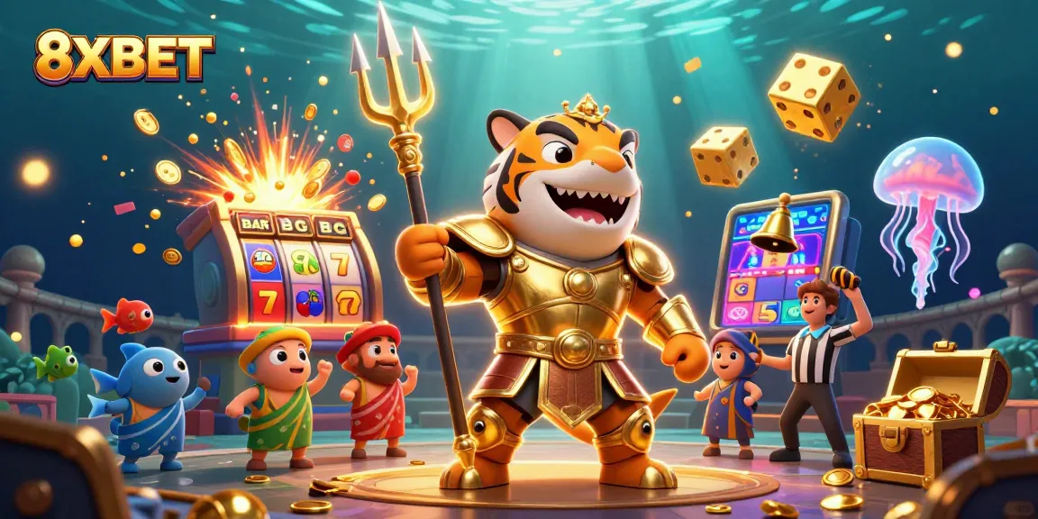 Engage with the thrilling excitement of 8XBET in a vivid underwater casino scene.