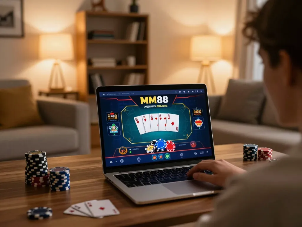 Engaging gameplay on the MM88 platform with poker cards displayed on a laptop within a cozy home setting