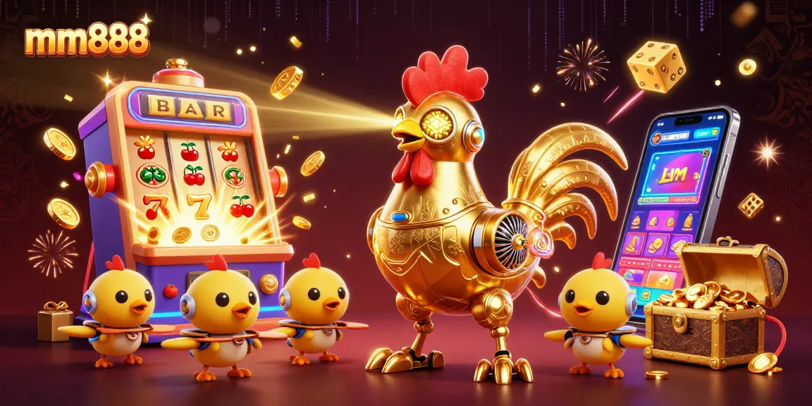Experience the thrilling excitement of mm888 with a laser-shooting golden rooster robot amidst a burst of jackpot coins.