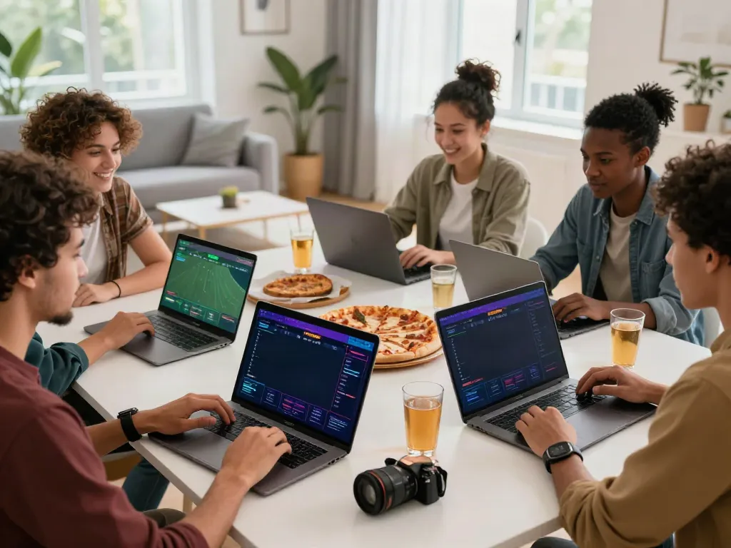 Friends engaging in a thrilling sports betting session on FIVE88, showcasing excitement and technology.