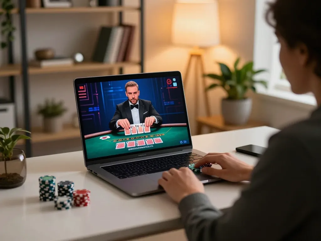 VMAX players enjoy live dealer blackjack in a stylish home office setting, capturing engaging gameplay.