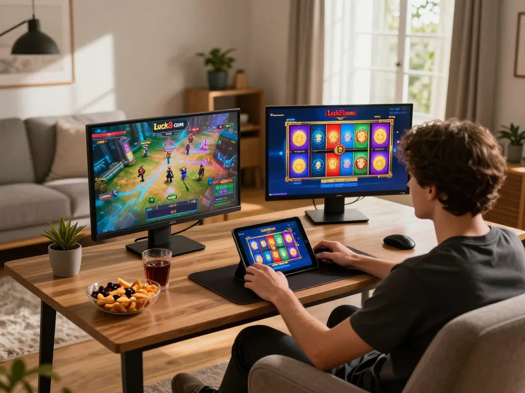 Engaged player enjoying slots on Luck8 com during a cozy home gaming session