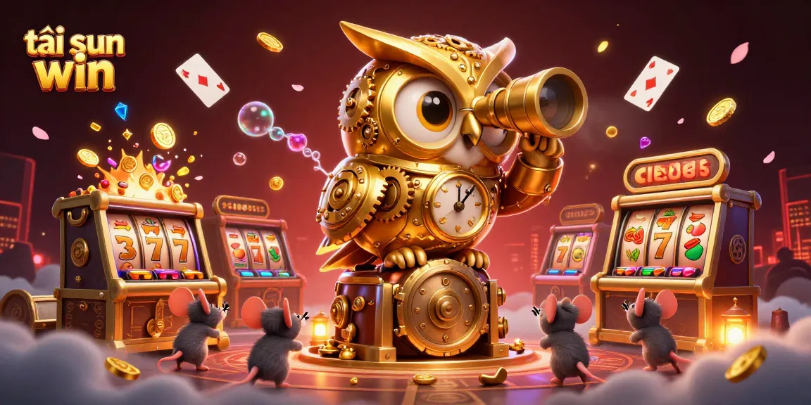 Engage in thrilling play at tải sun win with vibrant 3D casino illustration showcasing golden owl and bustling games.