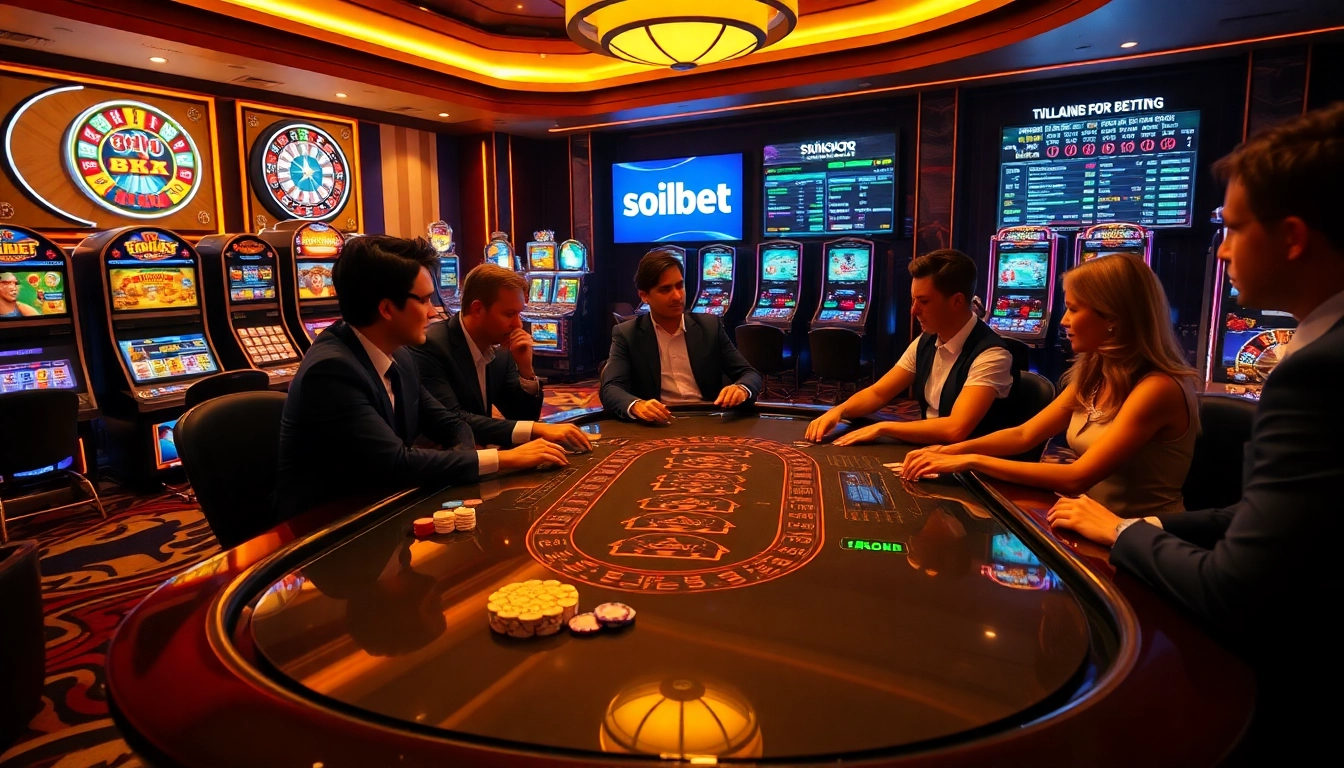 Exciting poker gameplay at a luxurious casino featuring soibet, complete with vibrant slot machines and elegant ambiance.