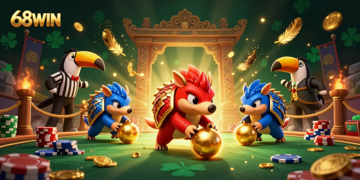 Engage with 68WIN in this dynamic 3D illustration of playful pangolins amidst poker chips and golden coins.