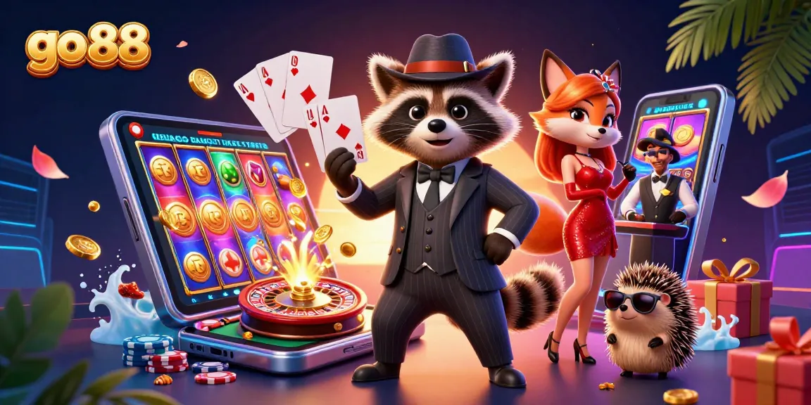 Experience thrilling wins at go 88 with a resort scene featuring charismatic casino characters.
