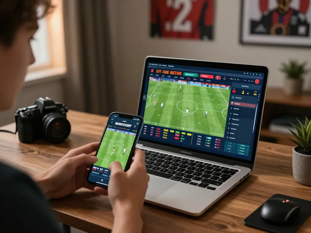 Kết quả bóng đá displayed on smartphone during live sports betting session in a modern home office.