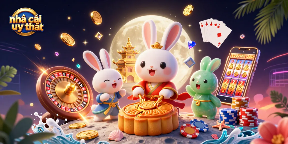 Engage with nhà cái uy tín as the moon rabbit uncovers poker chips while surrounded by dynamic casino elements.