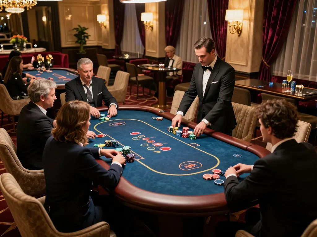 C168 players strategizing in a luxury casino's high-roller room during an engaging poker game.