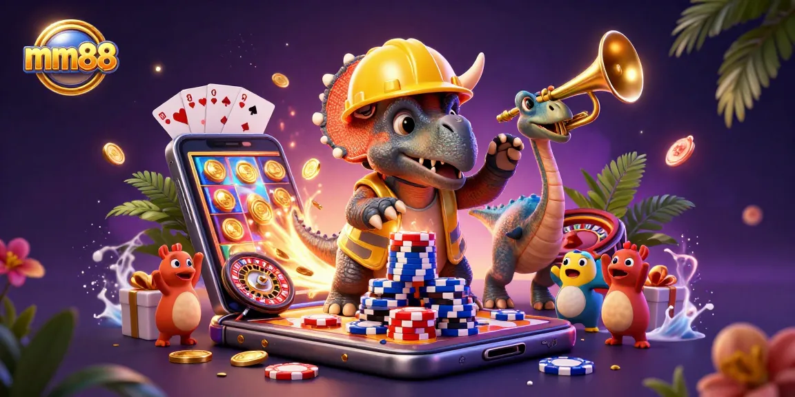 Celebrate wins at mm88 with a triceratops building poker chips in this exciting casino scene.