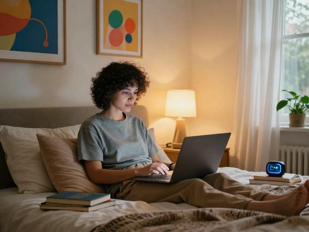 Engaging ai chat porn scene in a cozy bedroom with warm lighting and personal touches.
