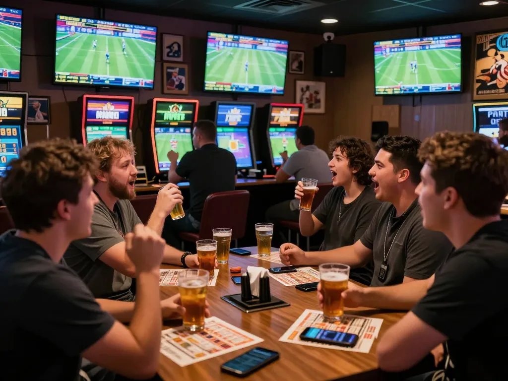Sports bettors engaging actively at a bustling bar with tỷ lệ nhà cái on display, cheering for live events.
