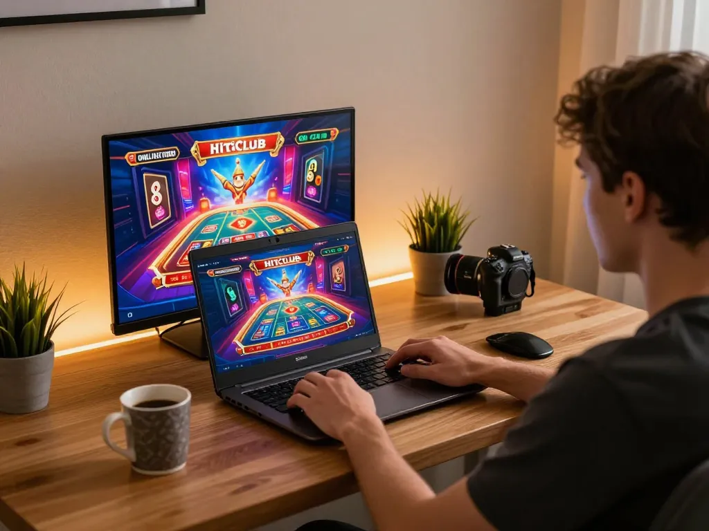 Player indulging in Hitclub's online games at home, showcasing a vibrant gaming atmosphere.