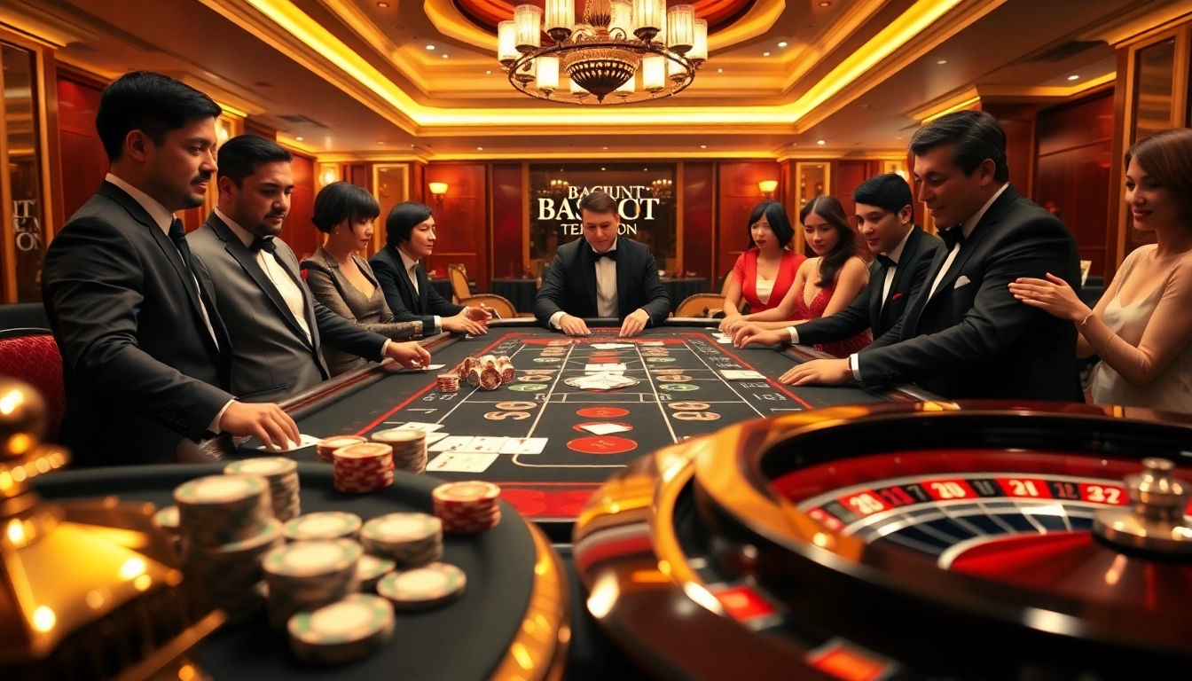 An elegant casino atmosphere showcasing players engaging in high-stakes games, representing nha cai uy tin and thrilling gambling experiences.