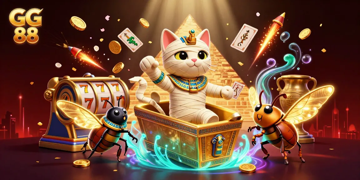 Play slot games like GG 88 with the Egyptian mummy cat and vibrant casino elements bursting with action.