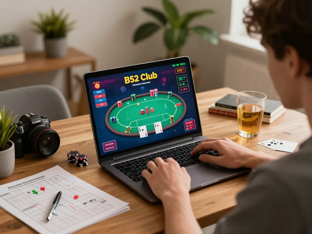 B52 Club player engaged in online poker gaming with strategic notes at home