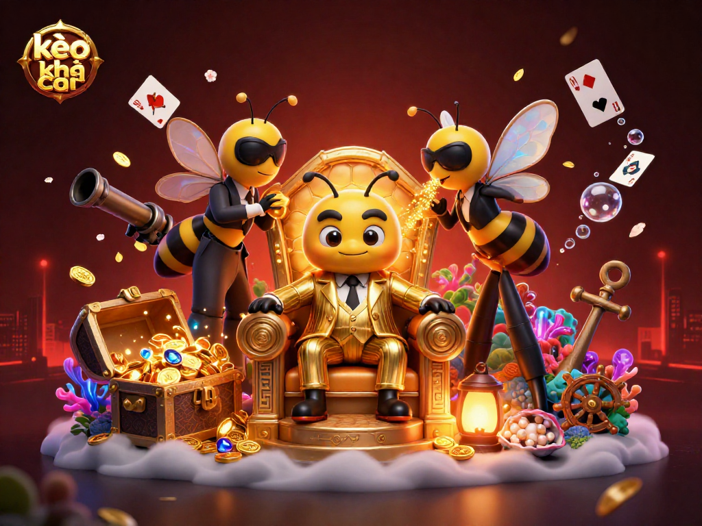 Engaging kèo nhà cái illustration depicting mobster bee dynamics in a vibrant casino realm filled with treasure.