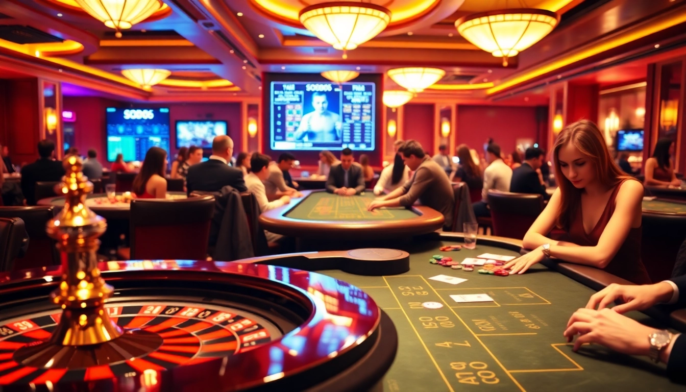 Gamblers enjoying a luxurious SODO66 casino experience with roulette and poker action.