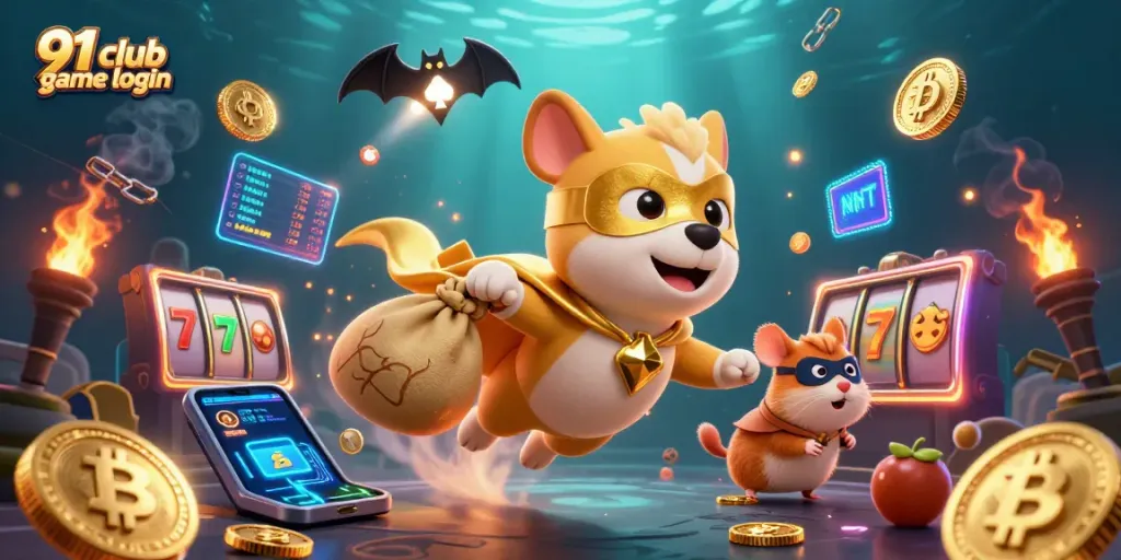 Win big with 91 club game login as superhero dog carries gold coins through a vibrant casino scene.