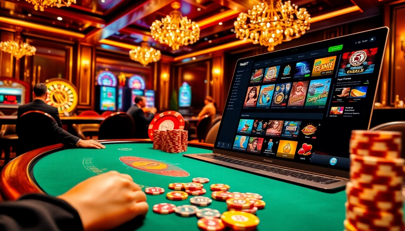 Players enjoying a high-stakes poker game at Thabet77 casino with vibrant casino decor.