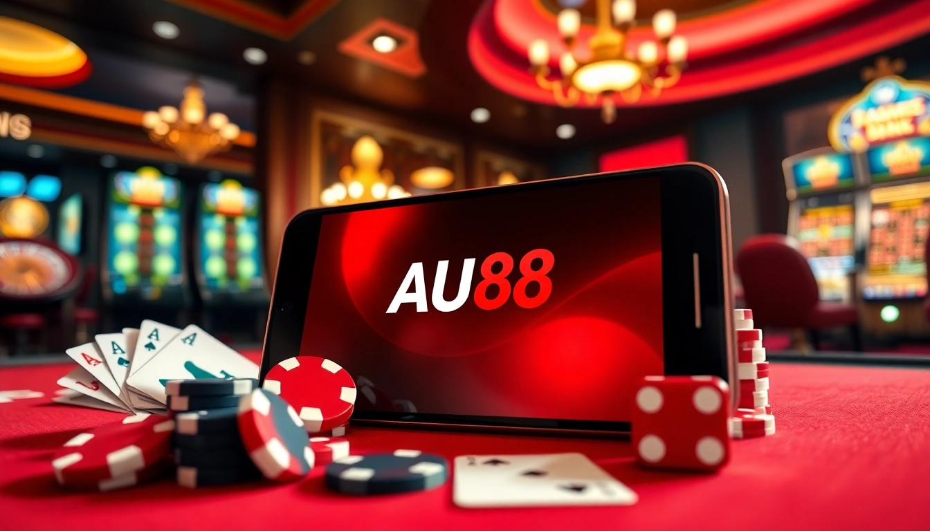 Experience the excitement of AU88 mobile gaming with a sleek smartphone surrounded by casino elements.