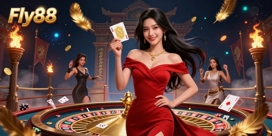 Play exciting games at Fly88 with a beautiful Asian woman showcasing her winning golden card by the roulette wheel.