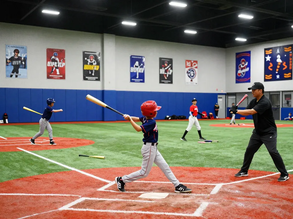 Young athletes practicing at hitclub baseball training facility.