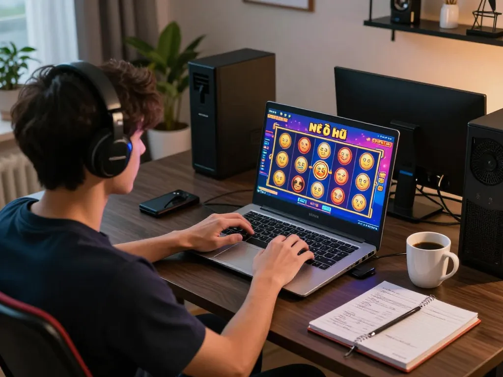 Nổ hũ gameplay on a laptop with strategic notes and relaxation elements in a home setting.
