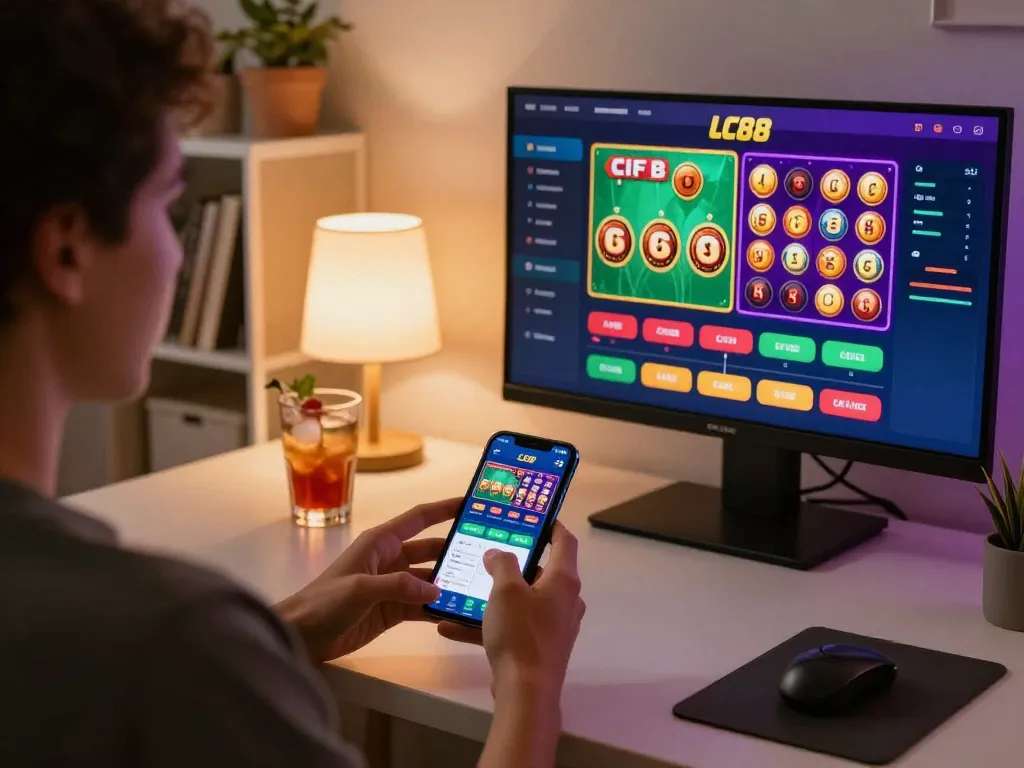 Player engaging with LC88 mobile app, showcasing vibrant online casino gaming options.
