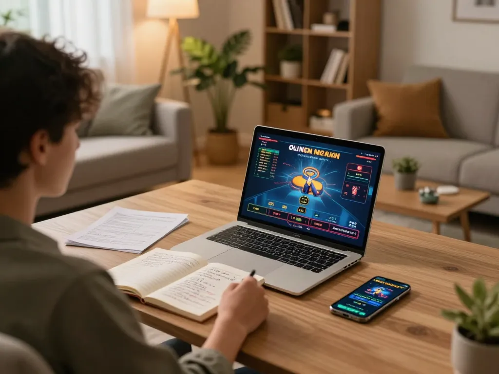 VSBET gaming action on a laptop showcasing online betting strategies in a cozy setting.