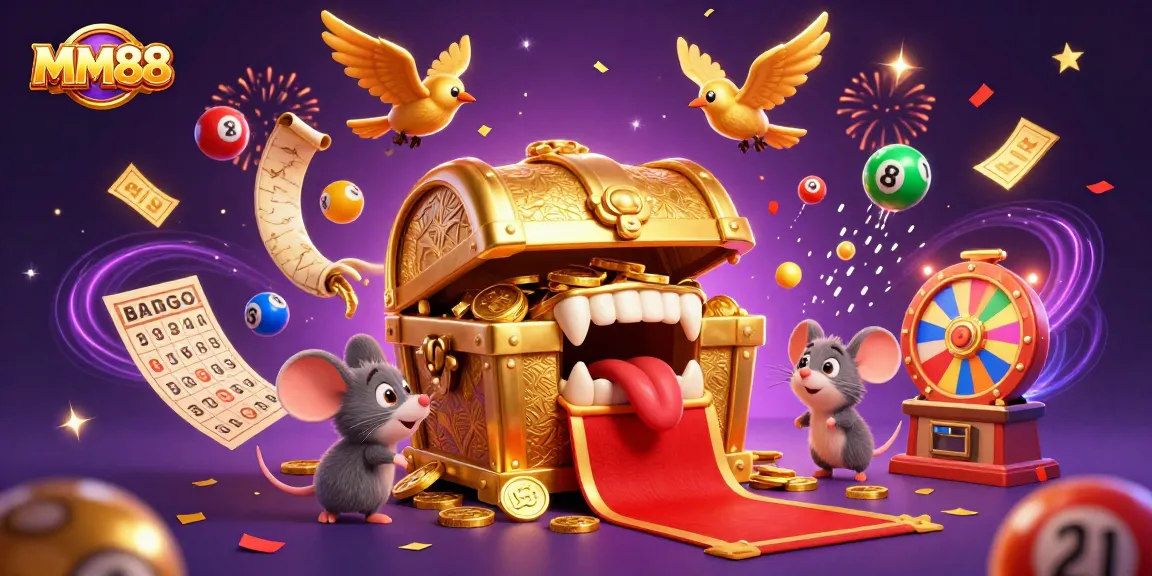 Experience MM88 magic with a 3D treasure chest and lottery excitement in a vibrant casino scene.