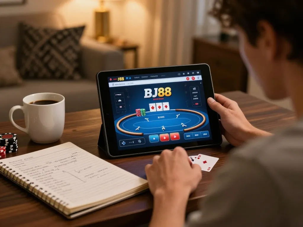 Player engaging in high-stakes poker on BJ88's online platform, showcasing strategic gameplay.