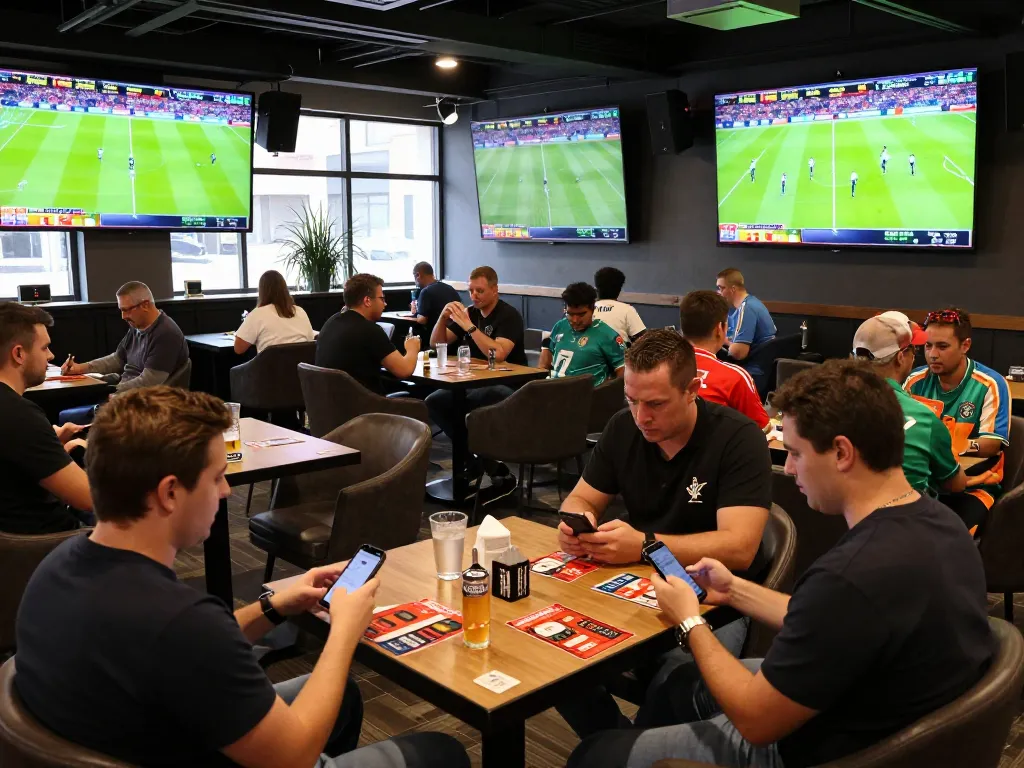 People engaging in kèo nhà cái betting while watching live sports on large screens.