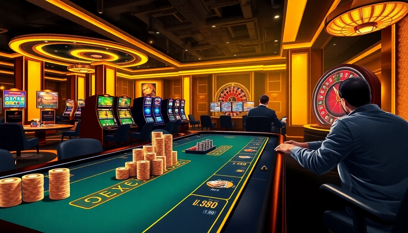 A thrilling Ax88 gambling scene with vibrant tables, poker chips, and digital gaming machines.