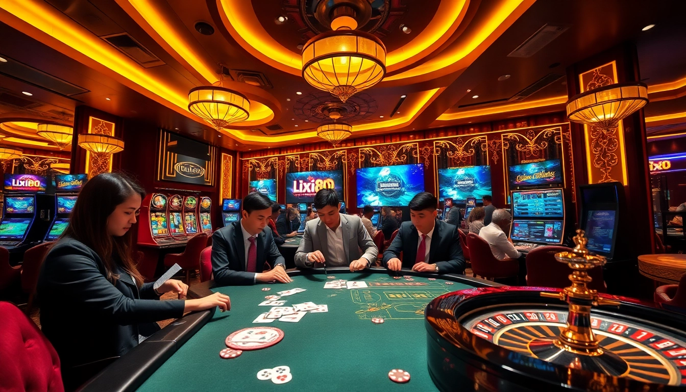 Experience the thrill of lixi88 online with players at a luxurious casino table, engaging in high-stakes gambling.