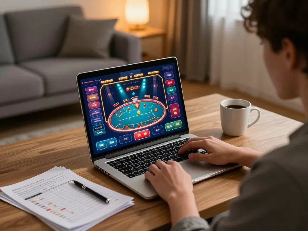 Fly88 player strategizing with notes while enjoying online gaming experience at home