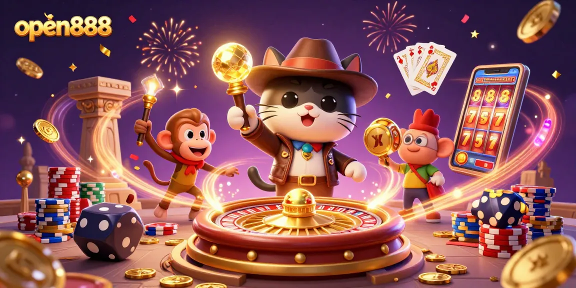 Engage in thrilling gameplay at open888 with captivating casino artifacts and a lively 3D scene.
