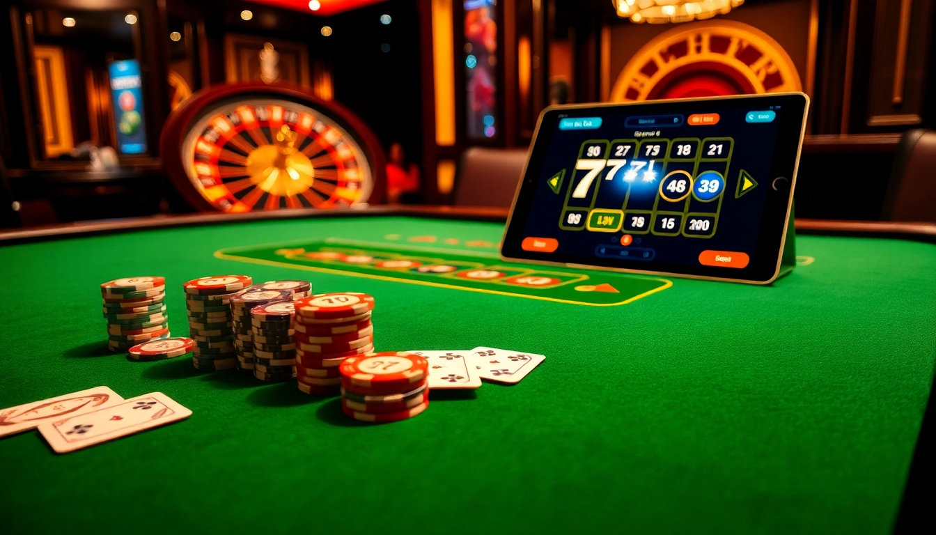 Experience the thrill of the 77ball game at an upscale casino with vibrant poker tables and roulette.