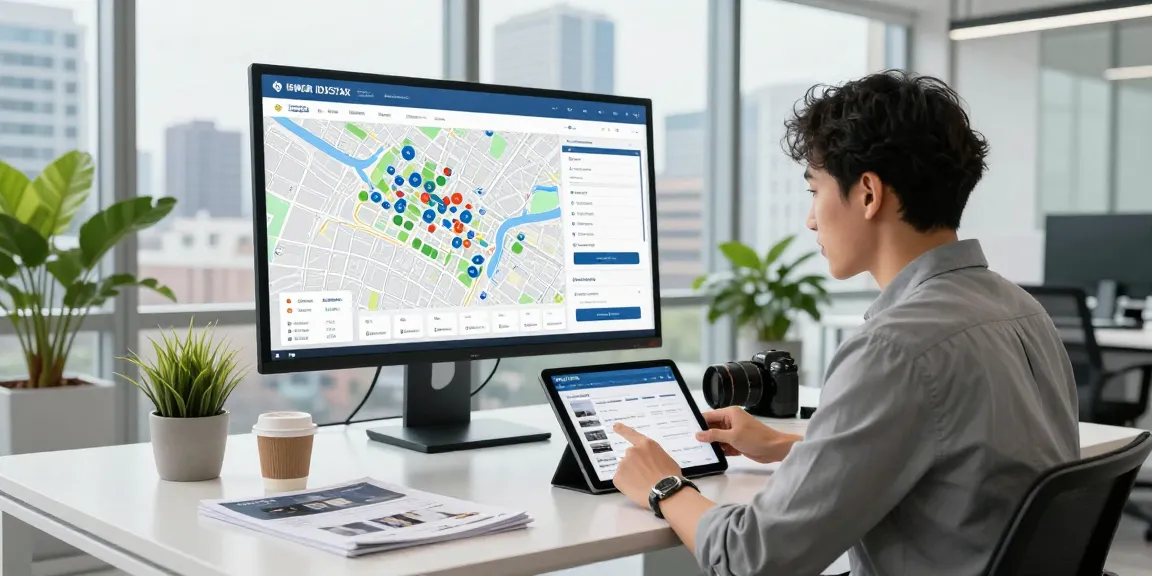 Real estate professional utilizing IDXSTAR app in a modern office, showcasing digital maps and data analytics.