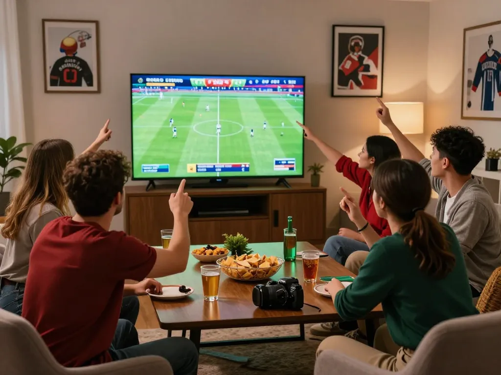 Engaging scene of friends enjoying live football betting at nowgoal, highlighting excitement and social interaction.