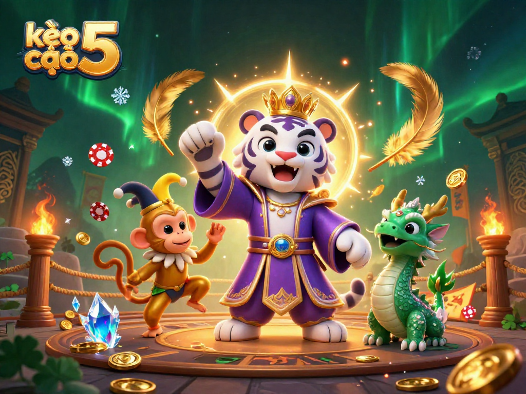 Bet on kèo nhà cái 5 and join the animated scene of luck with a white tiger and monkey.