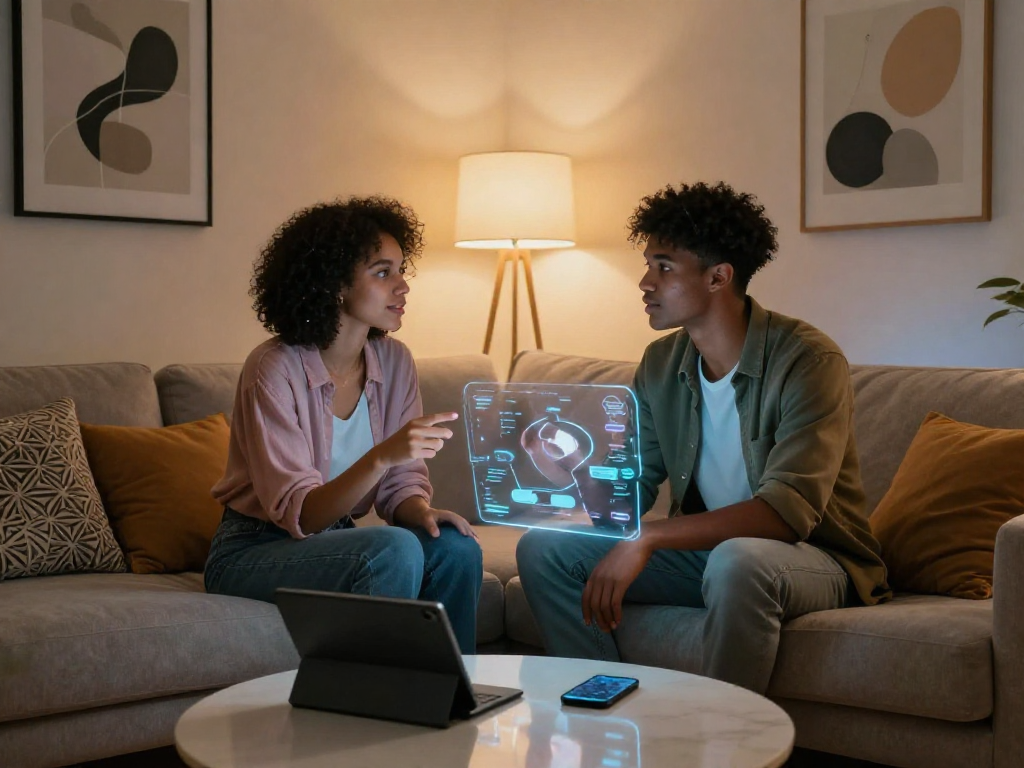 Engaging ai chat porn interaction in a cozy, futuristic environment.